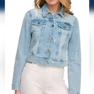 DKNY puffed shoulder crop jeans jacket.